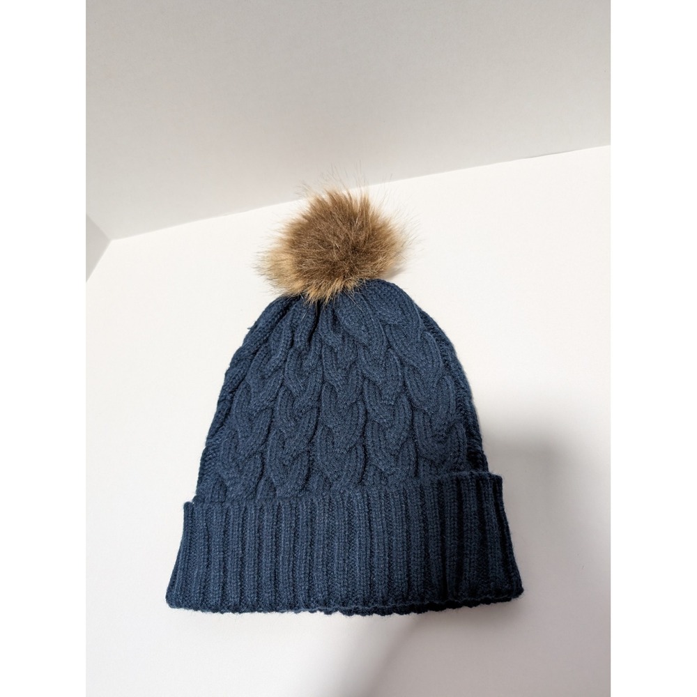 Women's Navy Blue Cozy Cable Knit Beanie Winter Hat Faux Fur Pom